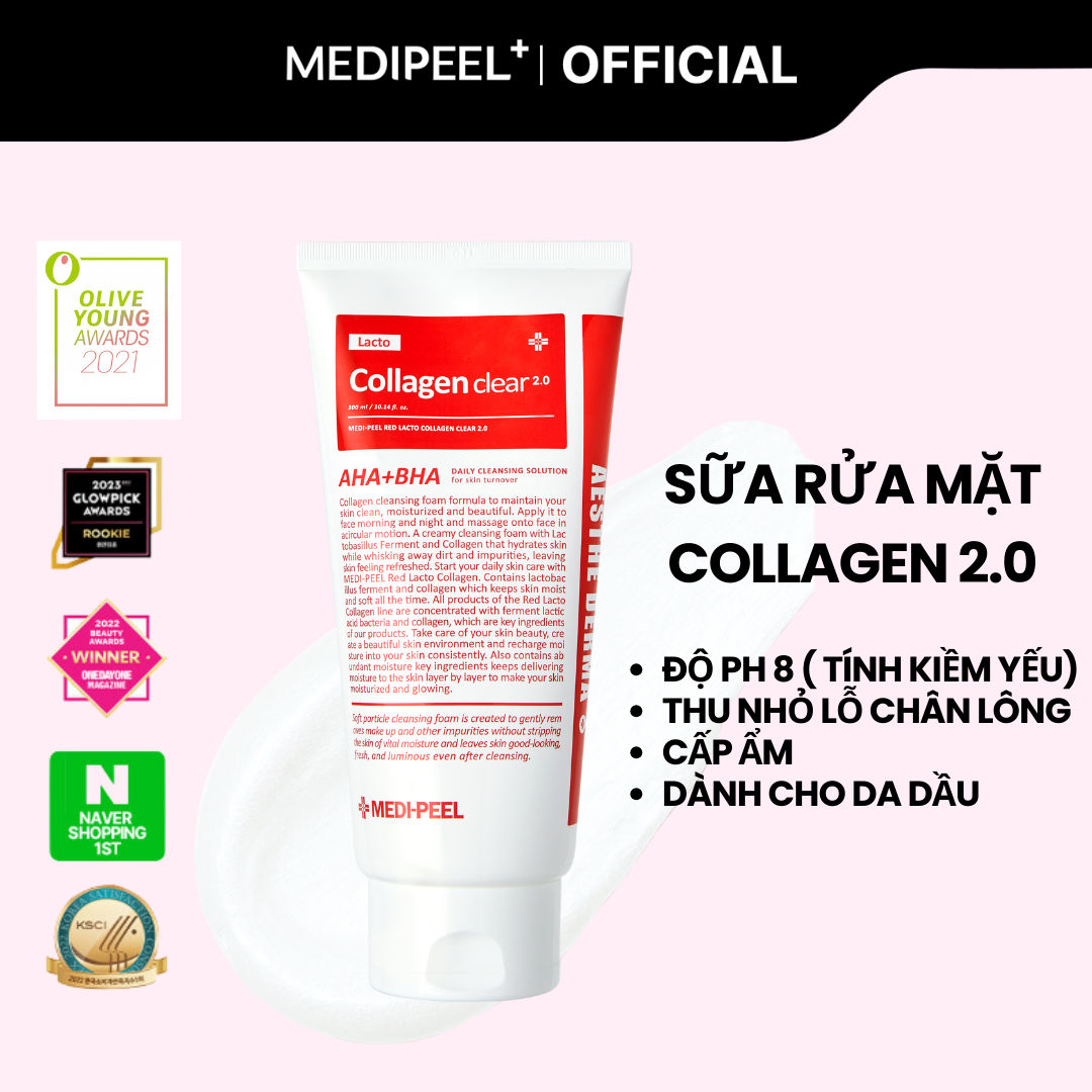 [MEDIPEEL Official] Se Khít Lỗ Chân Lông Medi-Peel Sữa Rửa Mặt Red Lacto Collagen Clelar 300ml Sử Dụ