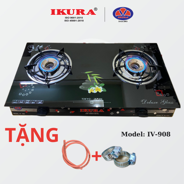 Bếp gas đôi chén đồng mặt kính IKURA IV -908 - Tiết kiệm gas - Bảo hành 2 năm chính hãng