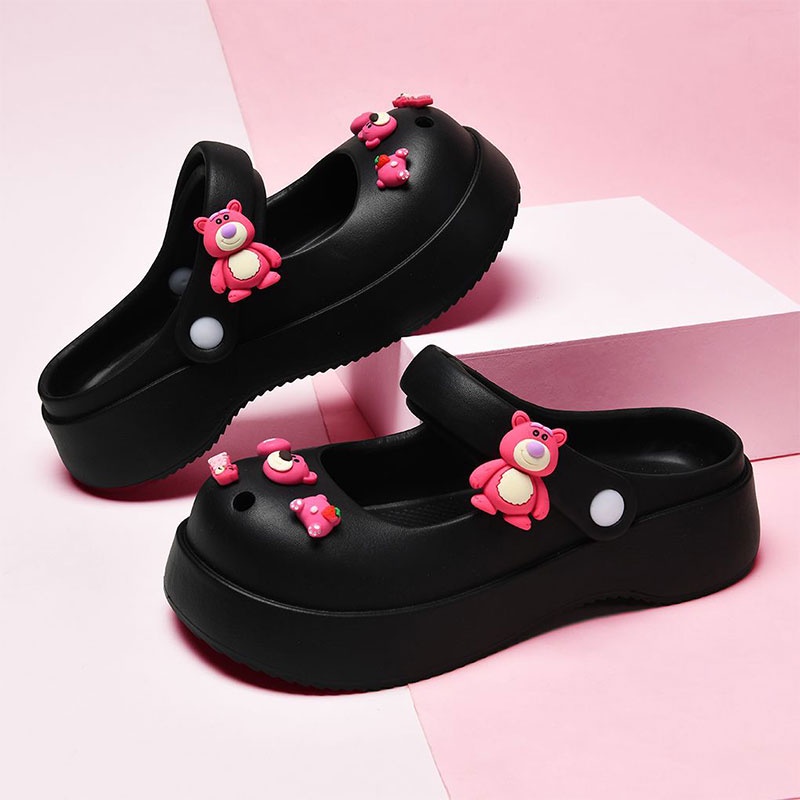 FREE CHIP Sục Crocs nữ gấu hồng đế bánh mỳ 5cm siêu nhẹ tặng kèm Sticker  dễ thương dép sục độn đế t