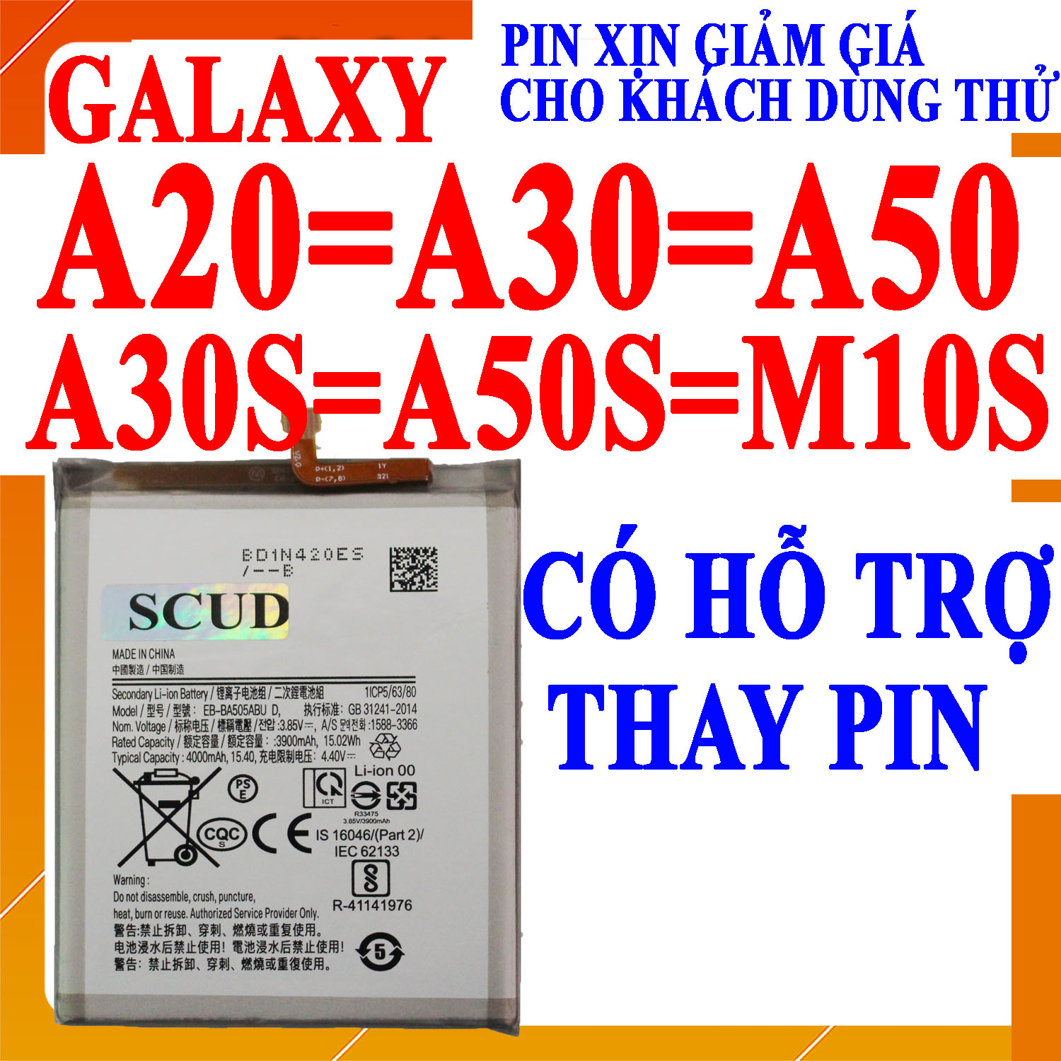 Pin Scud cho Samsung Galaxy A50/Galaxy A20/Galaxy A30/Galaxy M10S/Galaxy A30S/Galaxy A50S/Galaxy A505 A505F A505G EB-BA505ABU dung lượng 4000mAh (Trắng)