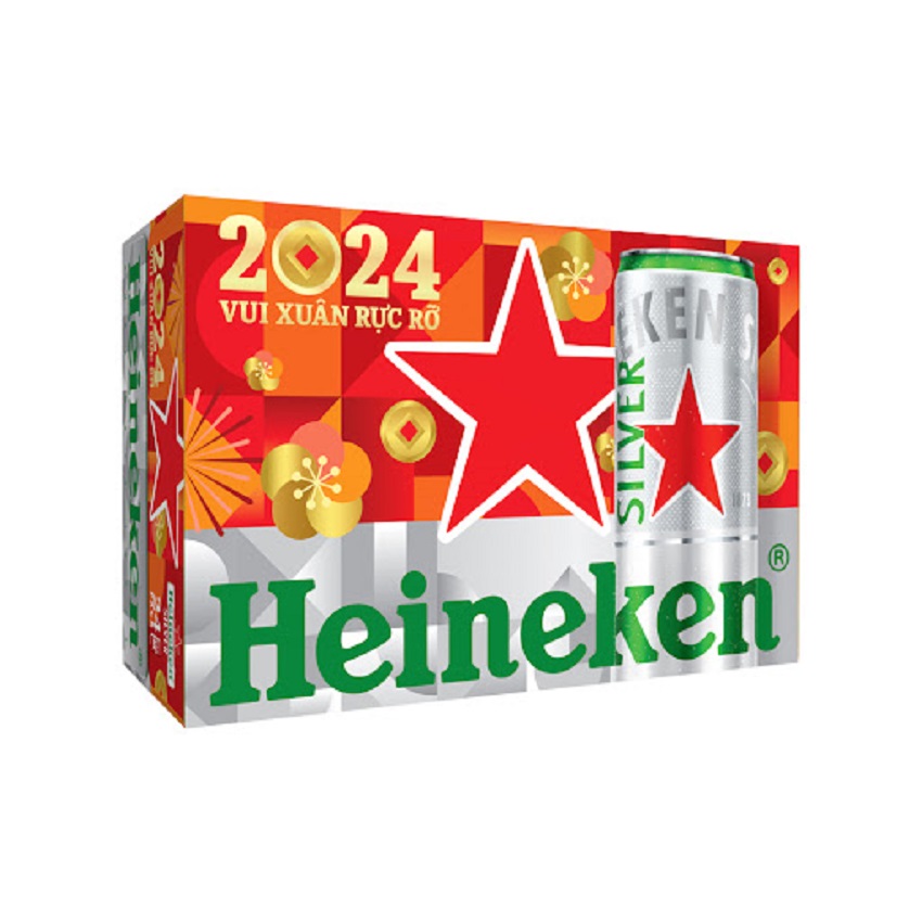 Thùng 24 lon bia Heineken Bạc (dung tích 330ml x 24 lon). Bao bì xuân + Bao bì thường