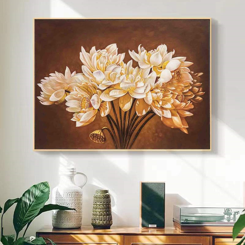 Tranh canvas treo tường hoa sen  trắng in giả sơn dầu - 80x 60 cm