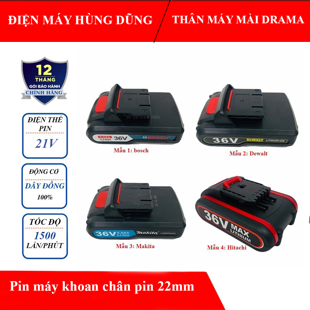 Pin máy khoan 36v 72v 5 cell- dùng cho máy khoan chân pin 22mm