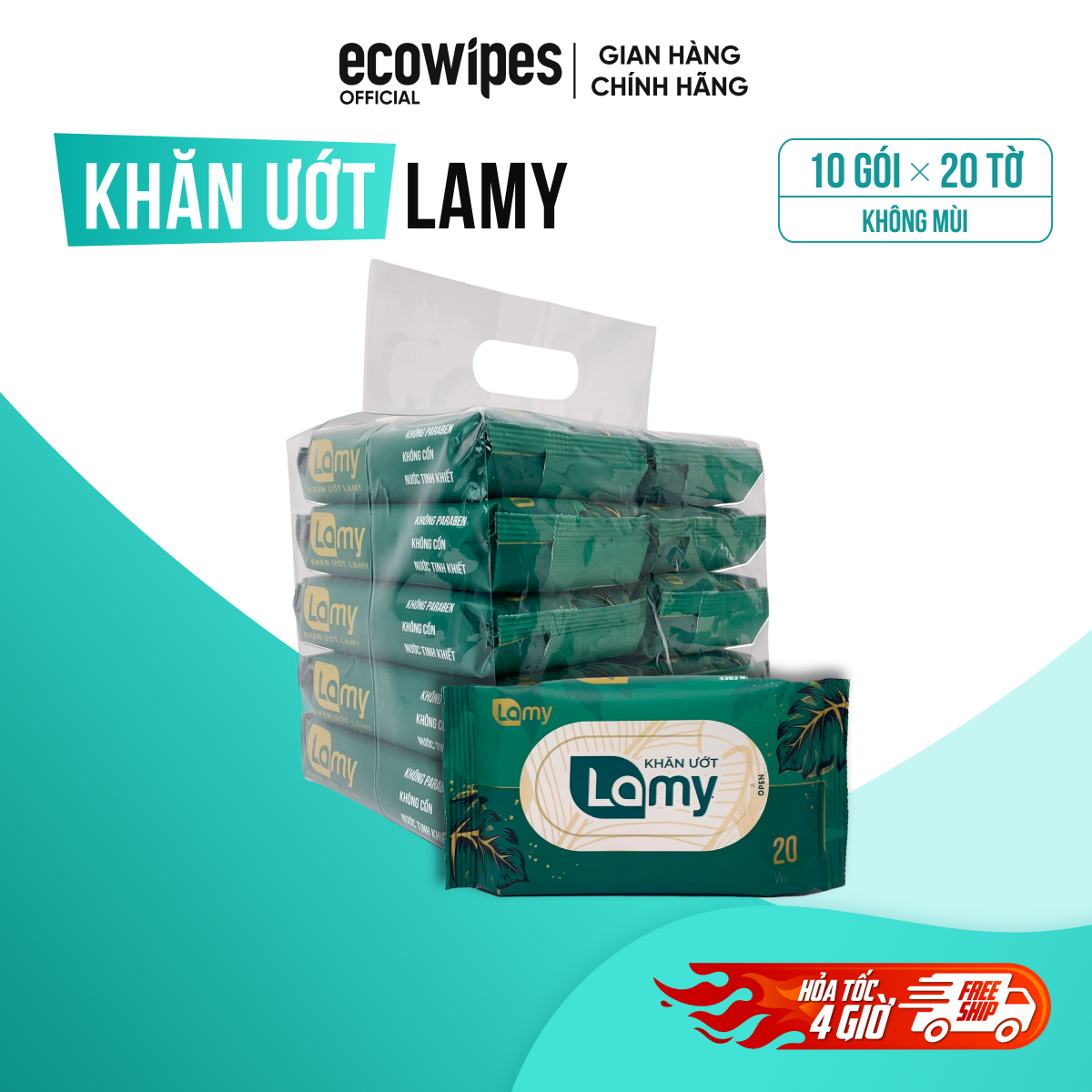 Thùng 10 gói khăn ướt LAMY 20 tờ không chất tấy trắng không paraben an toàn cho da em bé