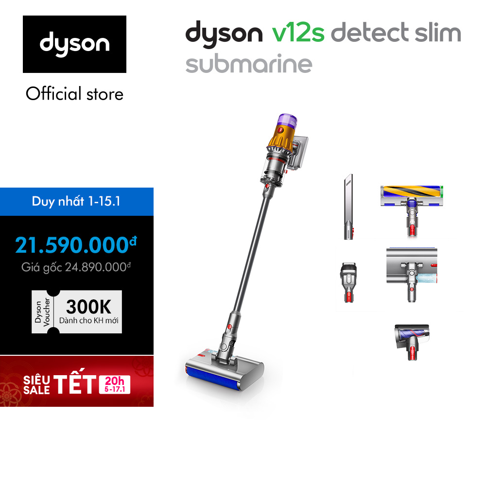 Máy hút bụi Lau nhà Khô và Ướt Dyson V12s Detect Slim Submarine​ (Xám/Vàng)