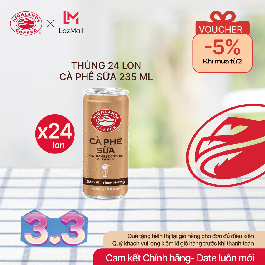 [SALE NGÀY ĐÔI 02-08.03- Mua 2 giảm 5%] Thùng 24 Lon Cà Phê Sữa Đá Highlands Coffee 235ml/lon.