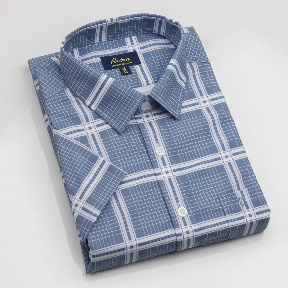Áo Sơ Mi Nam Công Sở Trung Niên Thương Hiệu Anton Dài Tay Vải Cotton Xanh Dương Kẻ Sọc Caro - NC371