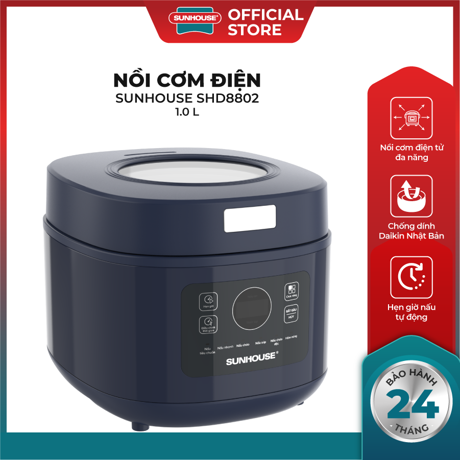 Nồi cơm điện tử 1L SUNHOUSE SHD8802 - Công suất 600W - Lòng nồi chống dính 2 lớp - Hẹn giờ - Đa chức