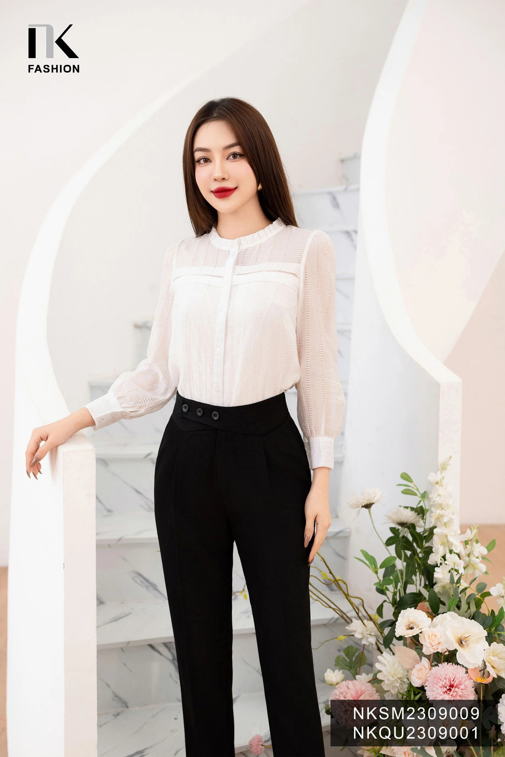 Áo Sơ Mi Xếp Ngực Cổ Xếp Bèo NK Fashion Nữ Tính Dễ Thương NKSM2309009