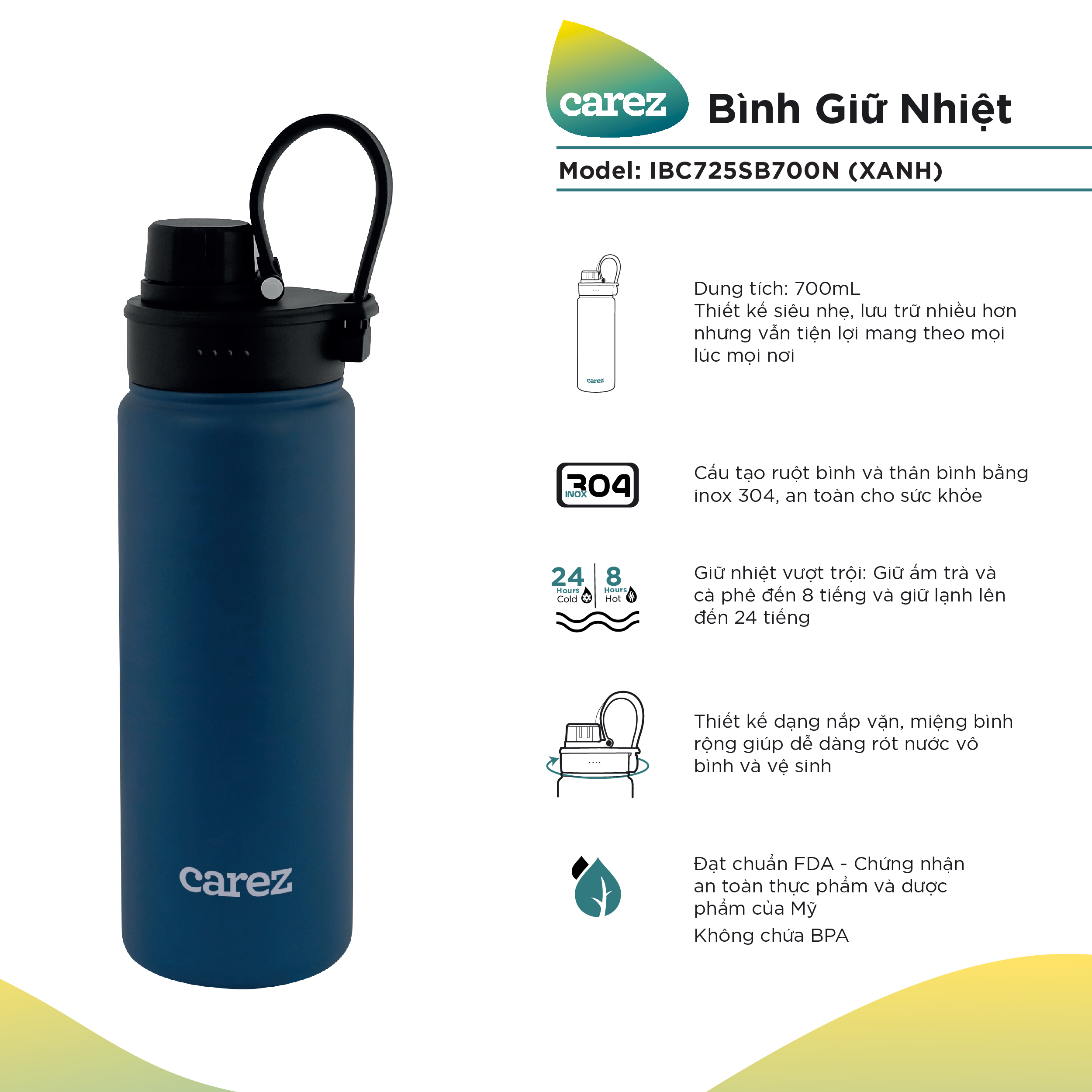 Bình Giữ Nhiệt Carez IBC725SB700N - 700ml Inox 304 Không chứa BPA - Giữ nóng đến 8 tiếng giữ lạnh đế