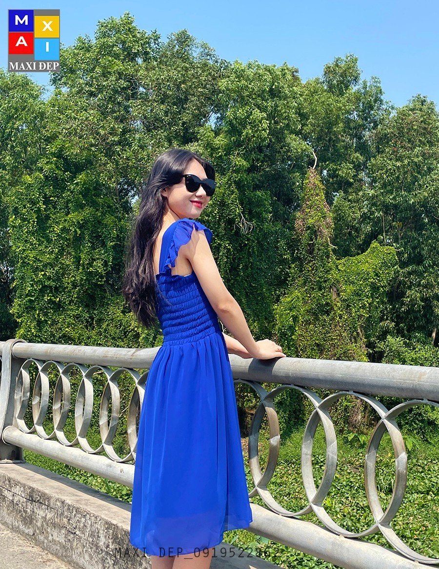 Chân váy xòe dài bản eo cao màu xanh coban - C1130