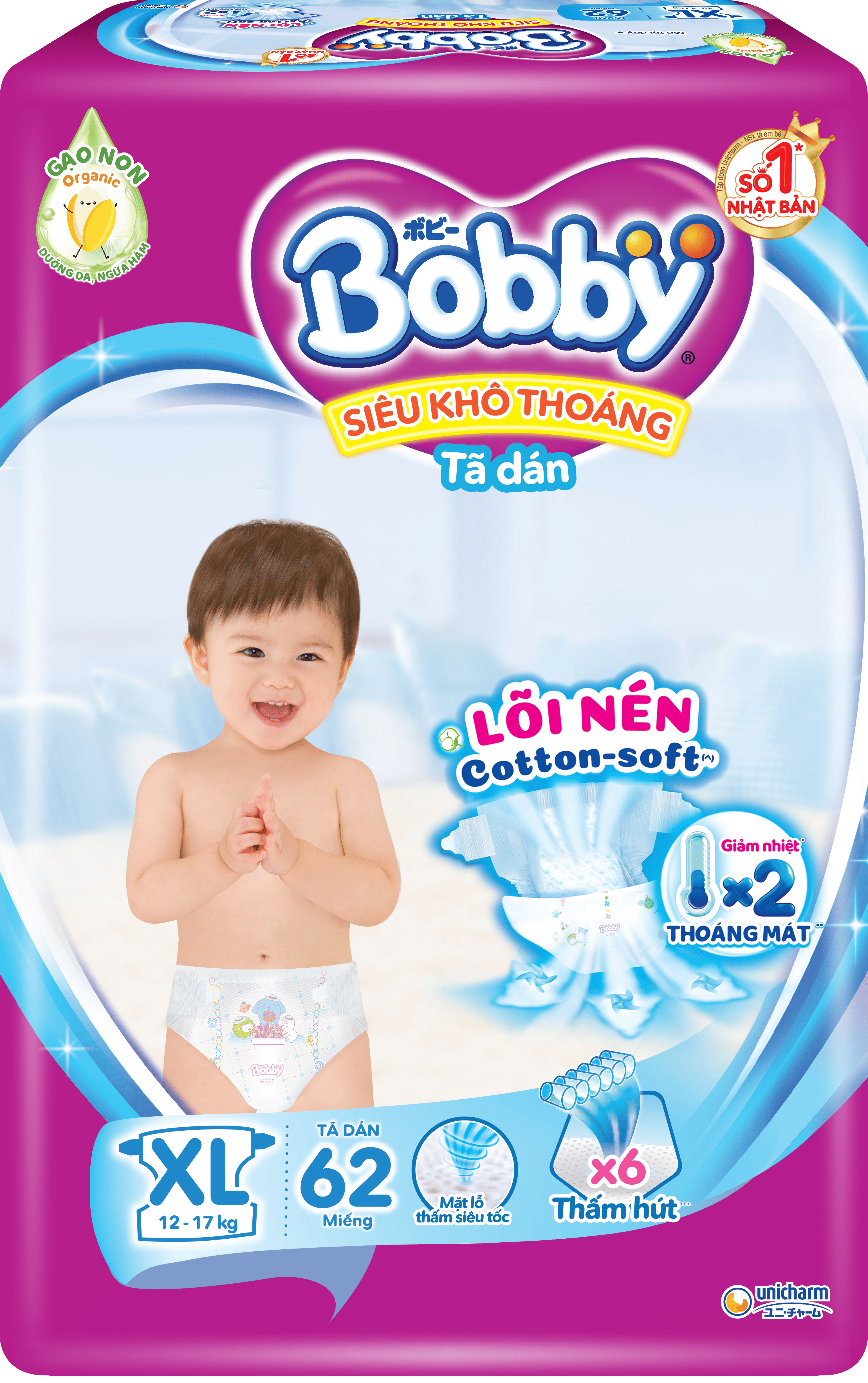 Tã dán Bobby XL62 mới- Lõi nén cotton-soft 3mm