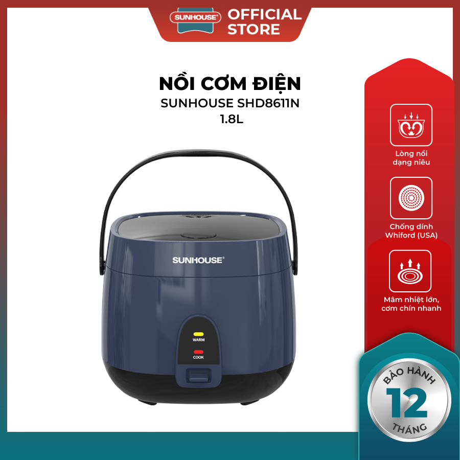 Nồi cơm điện Sunhouse SHD8611 - 1.8L, Chống dính 2 lớp, Màu xanh