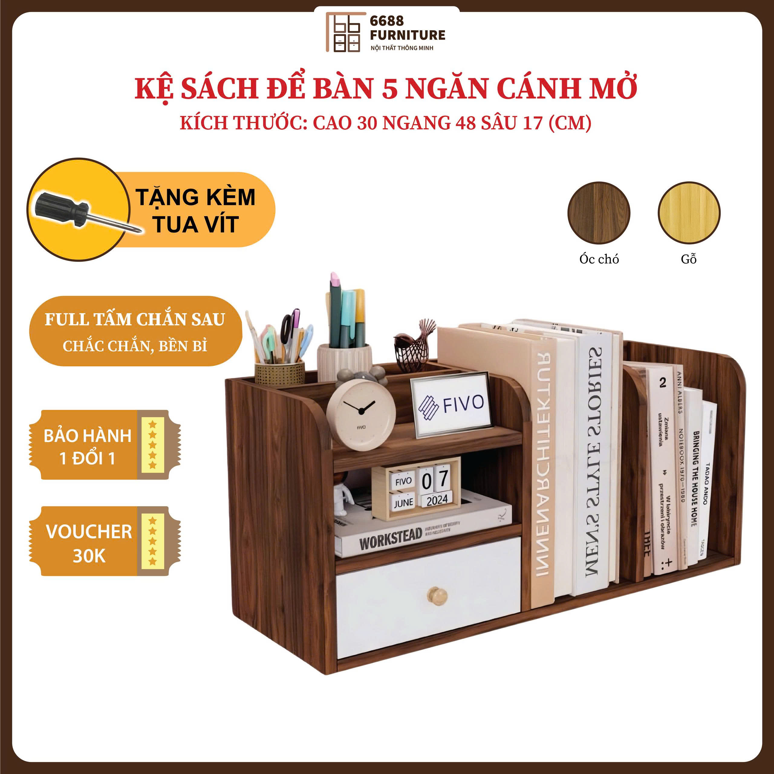 Kệ Sách Để Bàn 5 Ngăn Cánh Mở – Kệ Gỗ Đa Năng Bàn Học Bàn Làm Việc 30x48x17cm – Tặng Tua Vít