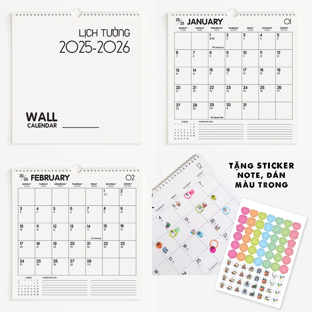 [2026]Lịch treo tường 2025-2026 30x30cm BASIC - CÓ LỊCH ÂM (TẶNG STICKER NOTE) note ngày lễ Việt Nam ghi chú planner