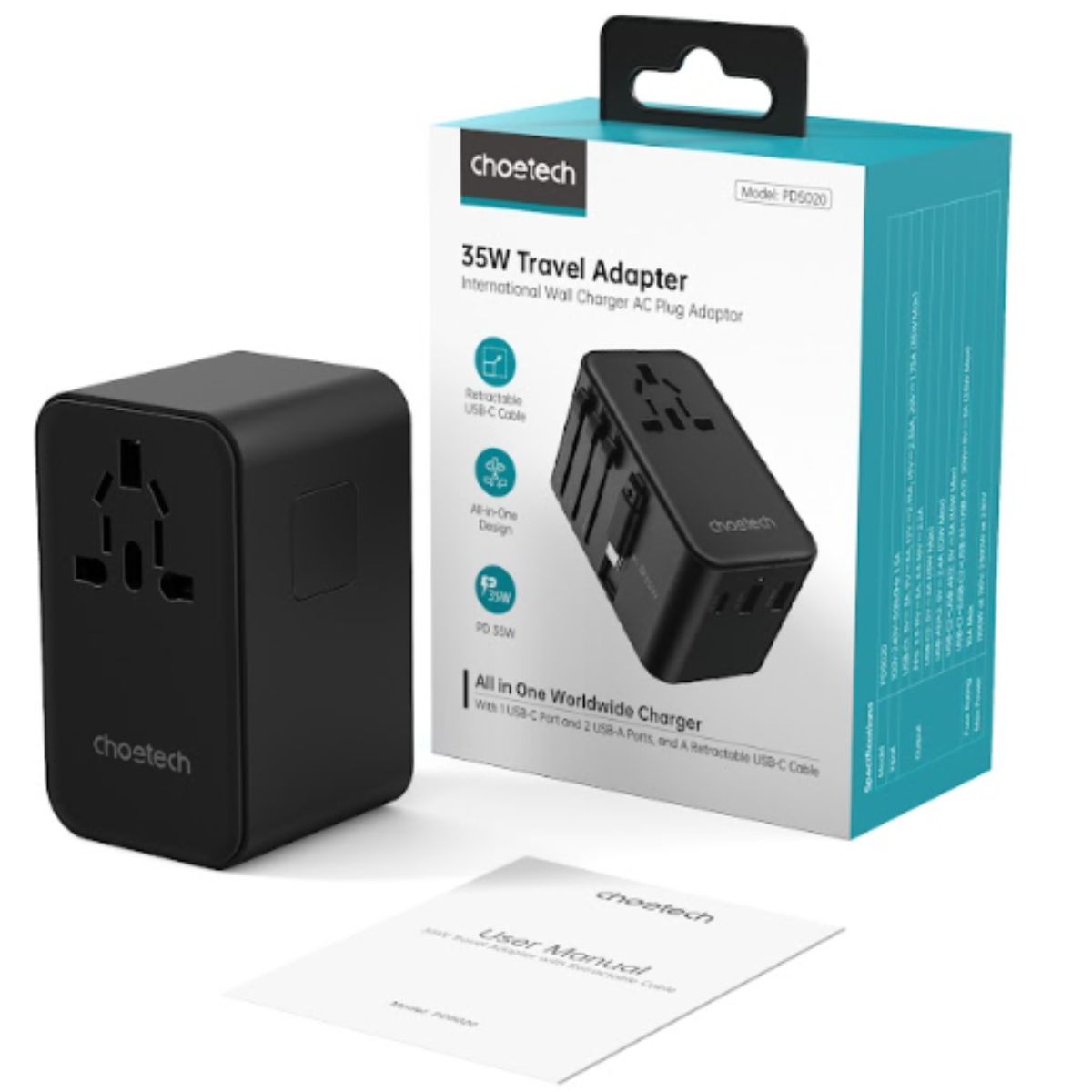 Củ sạc du lịch đa năng tích hợp thêm dây cáp sạc Type C Choetech PD5020 (35W)/ PD5021 (45W)/ PD5022 