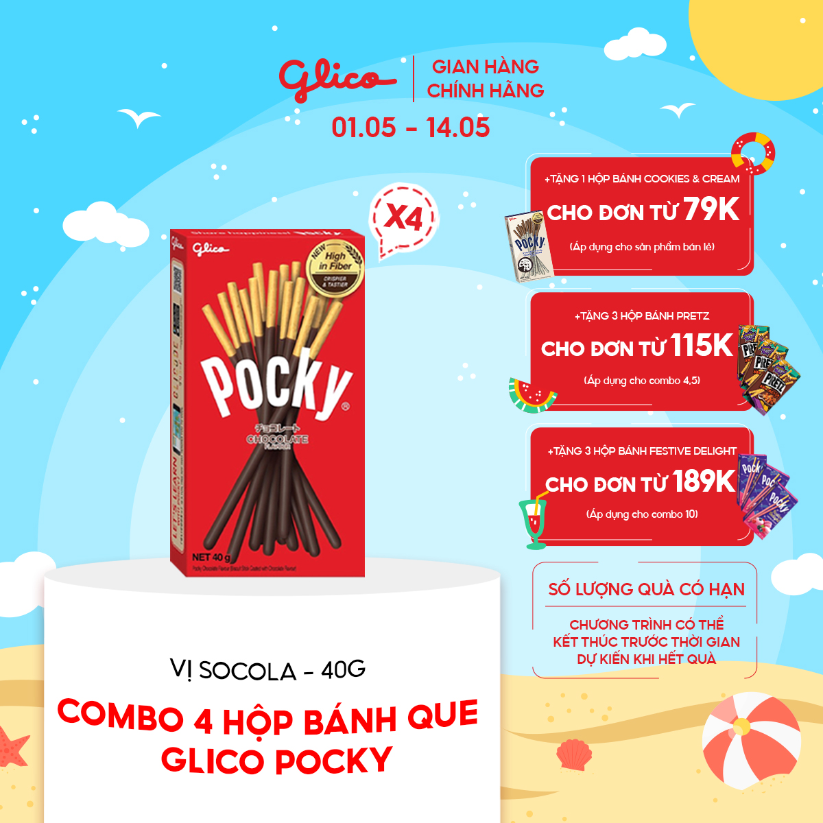 Combo 4 Hộp Bánh Que Glico Pocky Chocolate 40G