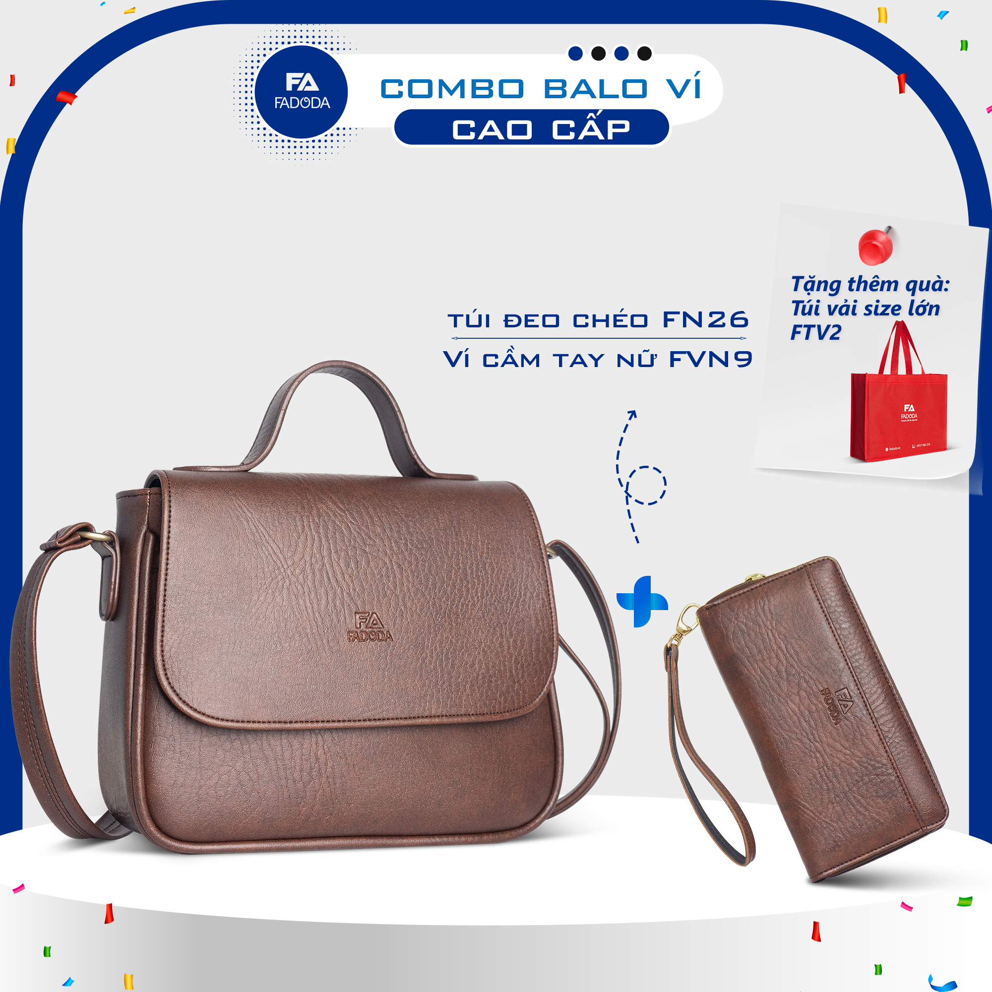 Combo túi đeo chéo thời trang và ví nữ cầm tay FADODA FN26 và FVN09