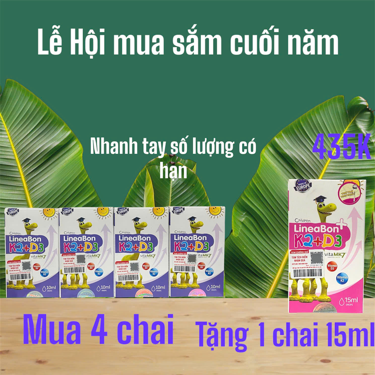 (Combo 4+1 lineabon 15ml) Lineabon D3K2 giúp con hấp thu canxi tốt nhất