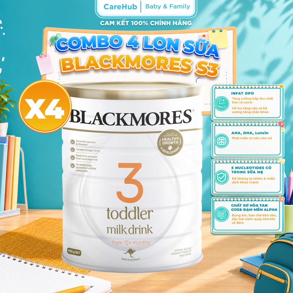 [Date 04/2027] Combo 4 Lon Blackmores số 3 Toddler Milk Drink Lon 900g - Hàng Úc Chính Hãng