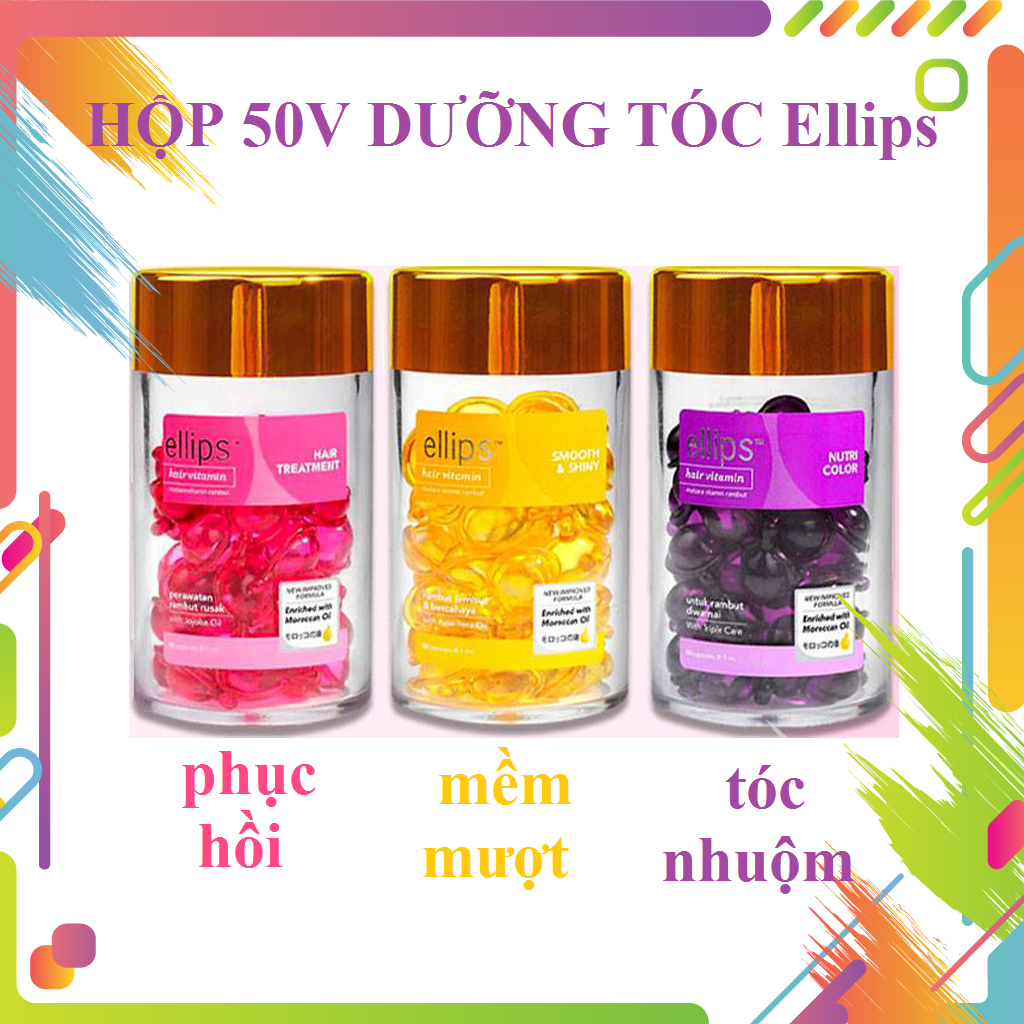 Bộ Serum Dưỡng Tóc Ellips Hair Vitamin Hũ 50 Viên Giúp Tóc Mềm Mượt Phục Hồi Hư Tổn Giữ Màu Tóc Nhuộm Làm Tóc Có Sức Sống Mới Viên Dạng Dầu Cá Ellips