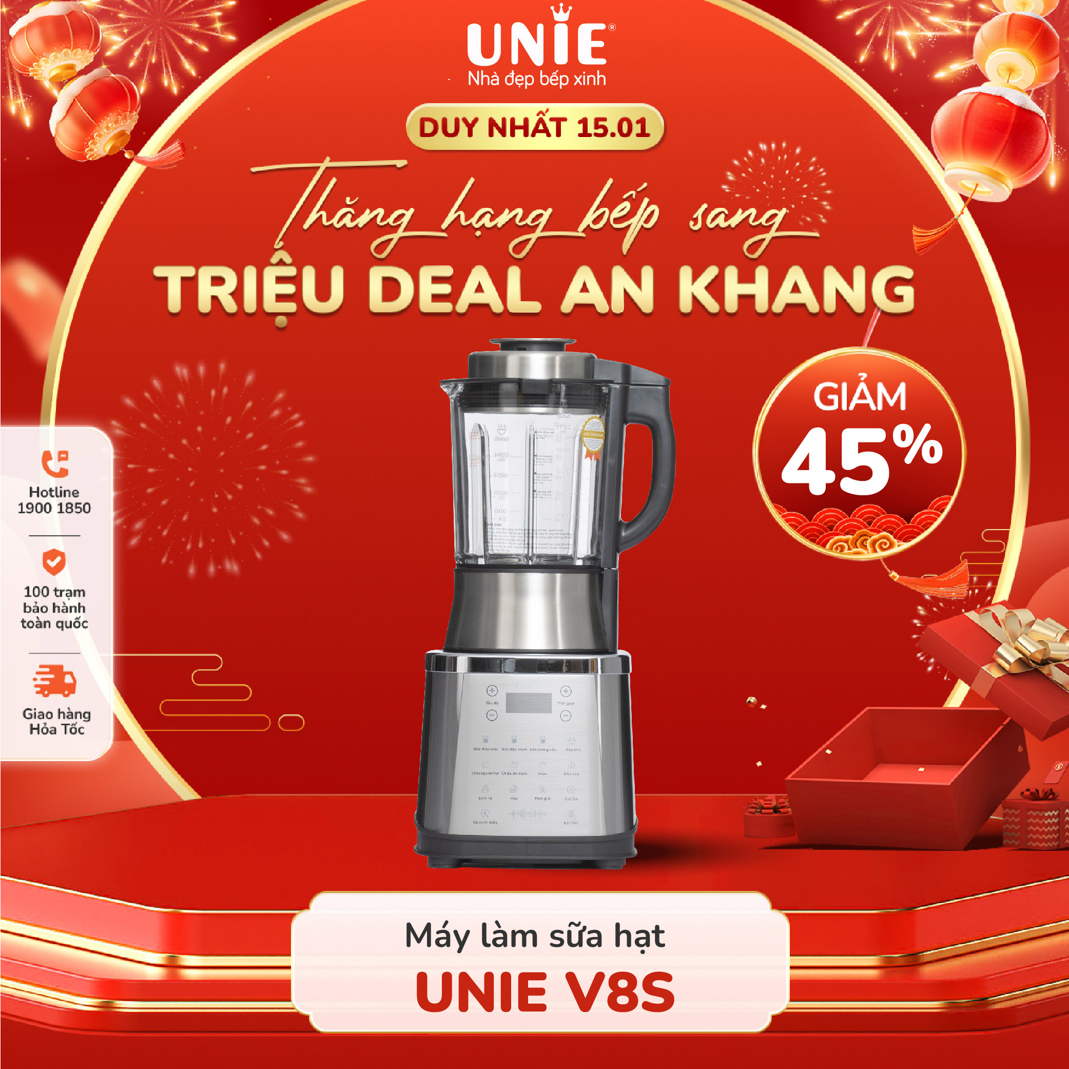 Máy làm sữa hạt Unie V8S công suất 1800W dung tích 1.75L cối thủy tinh 5 lớp chịu nhiệt lưỡi dao 8 c