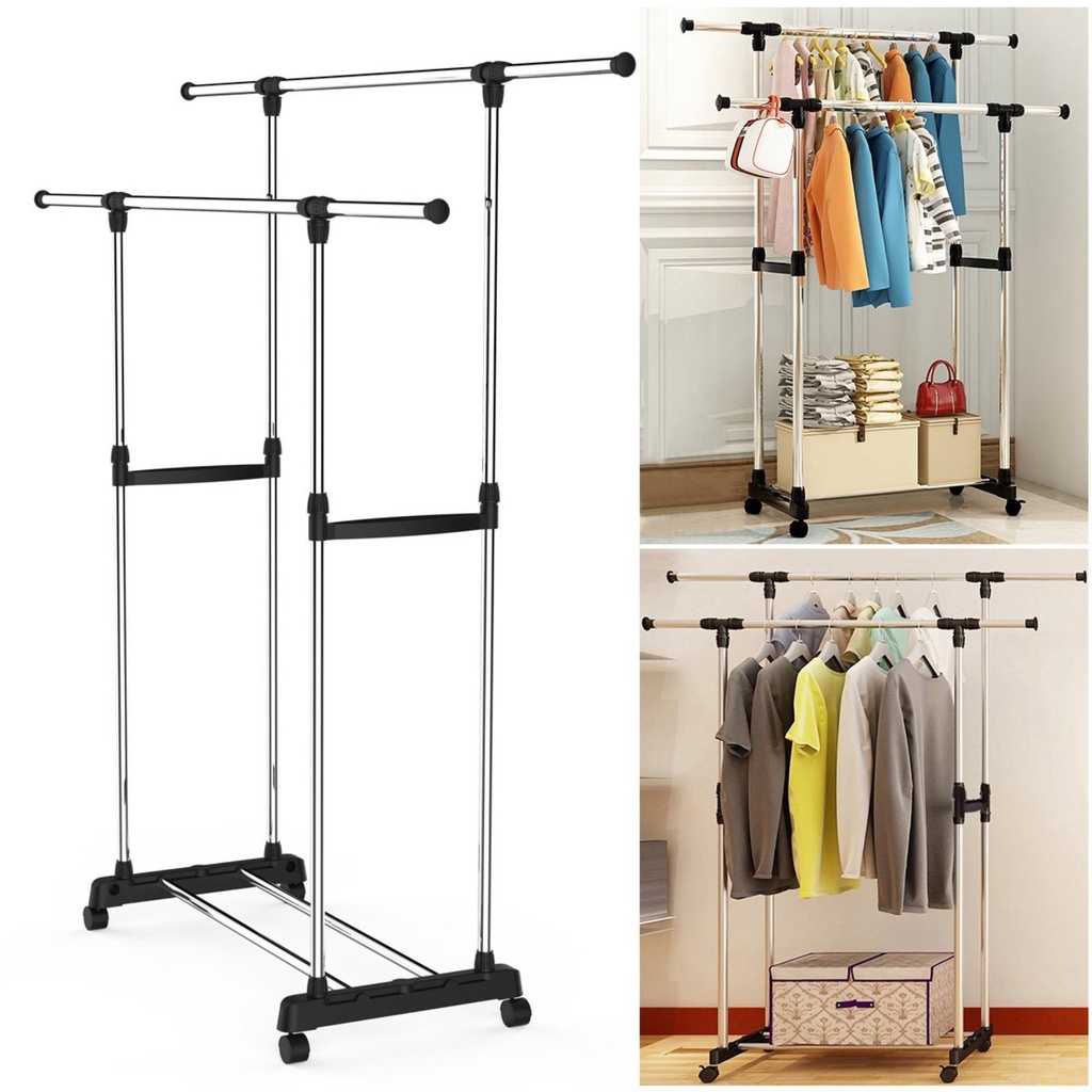 Sào phơi inox treo quần áo Giá Treo Quần Áo Bằng Inox chắc chắn 2 tầng có bánh xe tiện dụng - HÀNG LOẠI 1