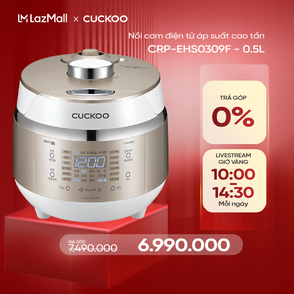 Nồi Cơm Điện Tử Áp Suất Cao Tần Mini 0.5L CRP-EHS0309F/WHGOVNCV- Bản Quốc Tế - Hàng chính hãng Cucko