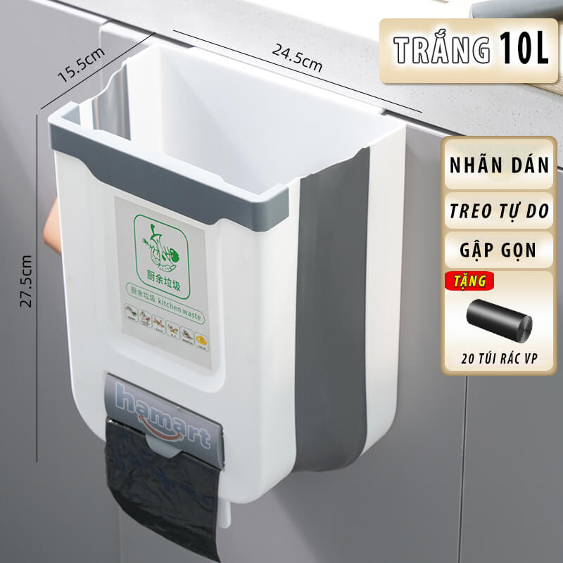 Thùng Rác Gắn Cánh Tủ Bếp V2 10L Cỡ Lớn Móc Cửa Xếp Gọn Đa Năng Tiện Lợi Tặng 20 Túi Rác