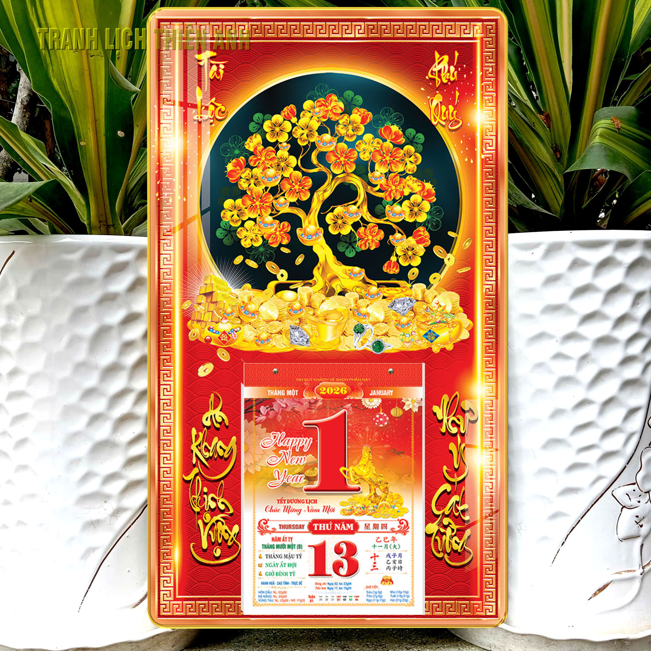Lịch 2026 lịch treo tường Cây Đồng Tiền 34x60cm kèm bloc 14.5x20.5cm (ĐT)
