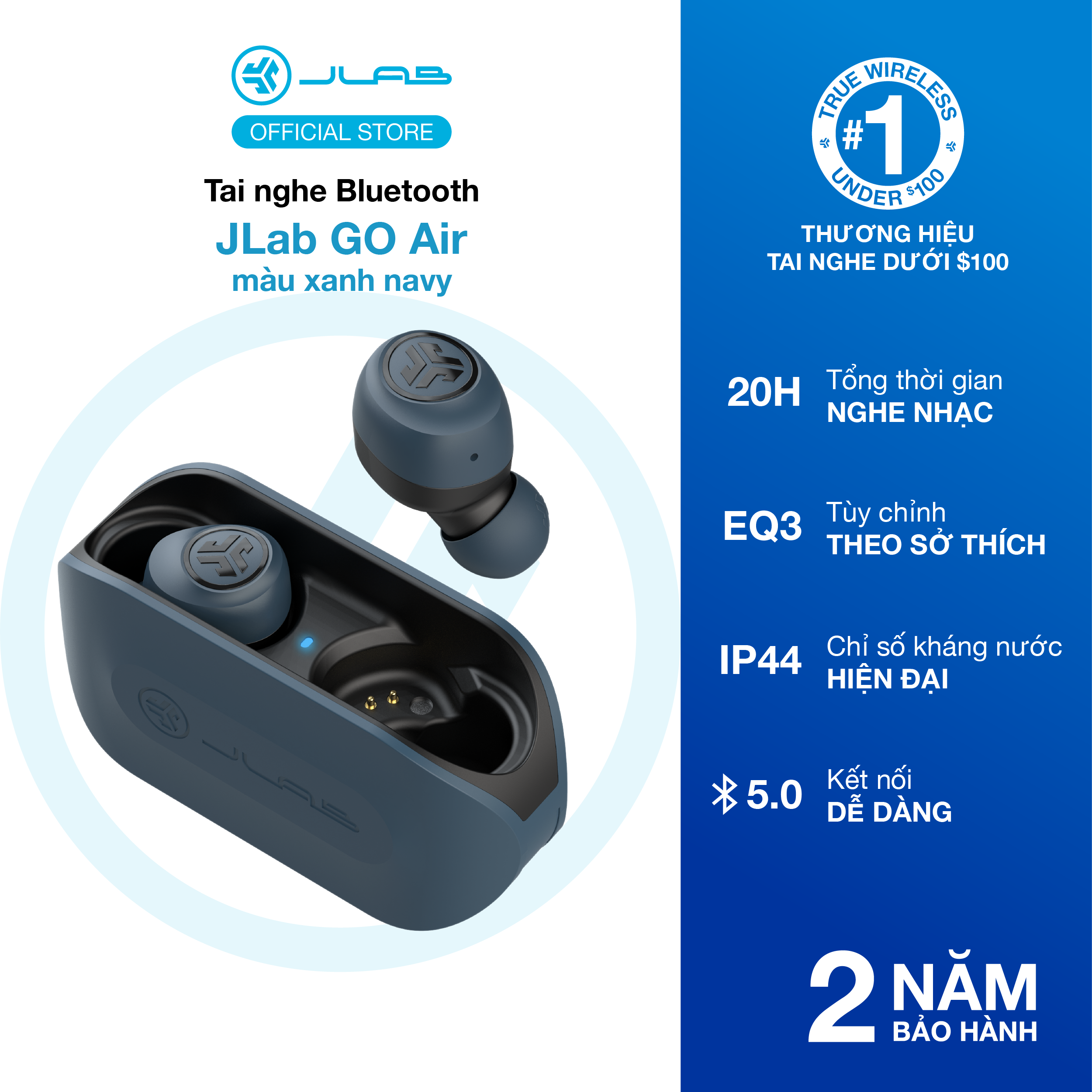 Tai nghe Bluetooth Jlab Go Air màu xanh navy thời gian nghe 20H có sạc nhanh EQ3 Sound kháng nước kh