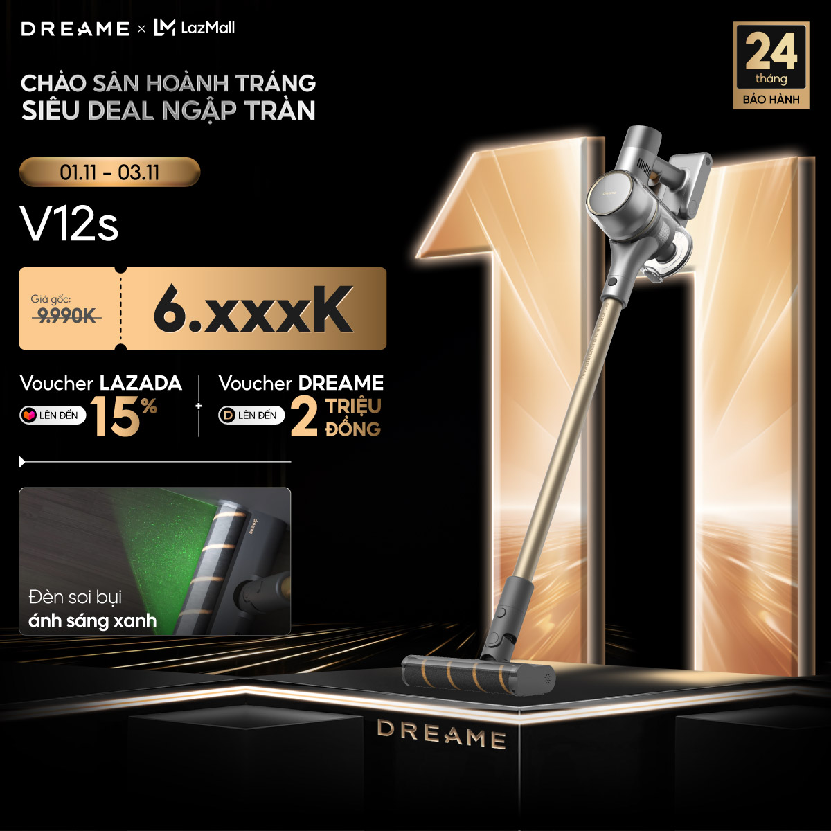 Máy hút bụi cầm tay không dây Dreame V12S - 20.000 Pa, 60 phút hoạt động, 3000 mAh