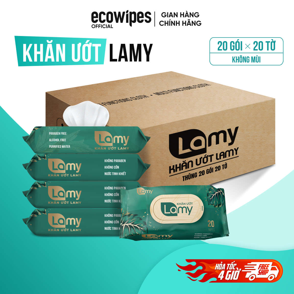 Thùng 20 gói khăn ướt LAMY 20 tờ không mùi không cồn không chất tẩy trắng