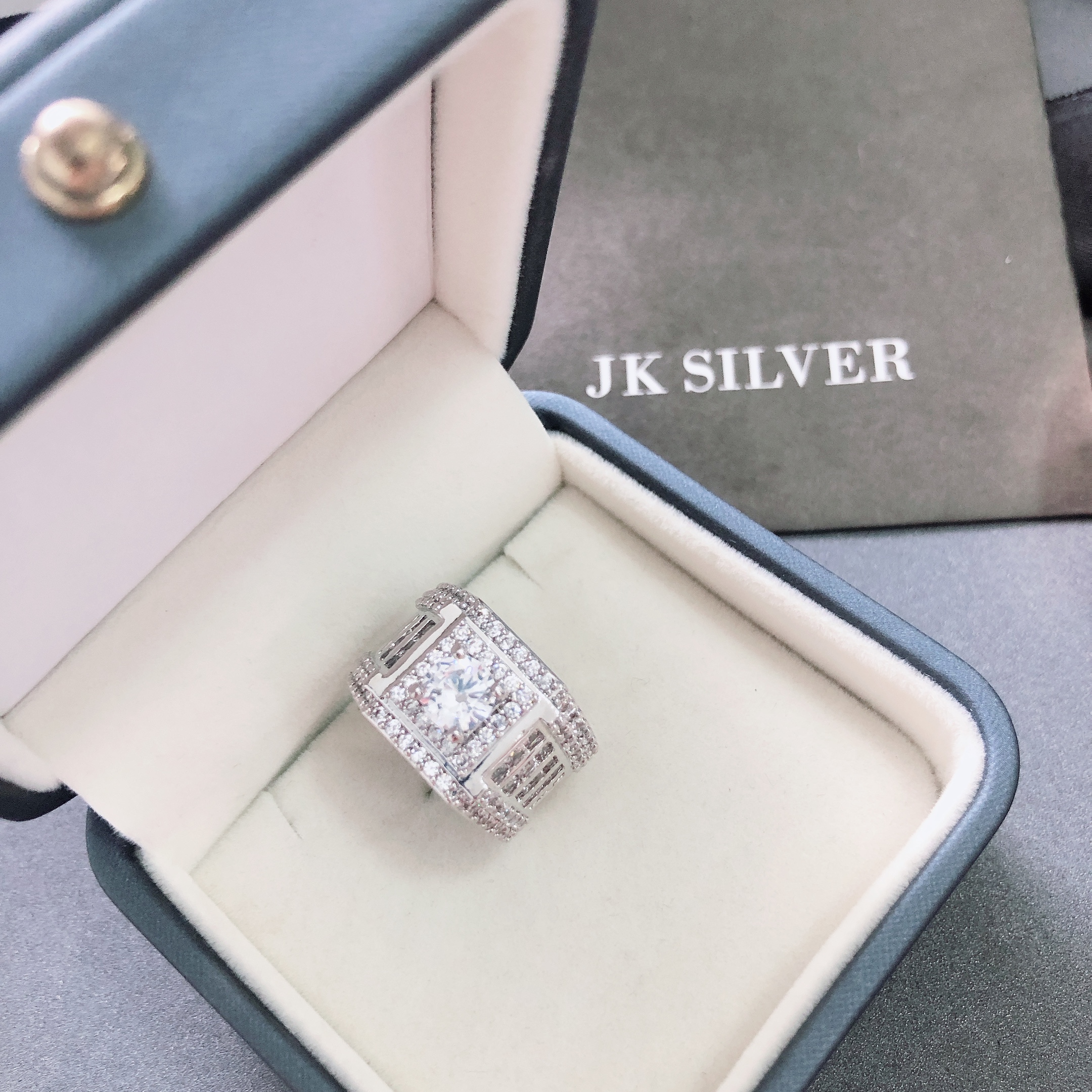 Nhẫn bạc nam mặt vuông đính đá xi bạch kim sang trọng bền màu theo thời gian JK Silver