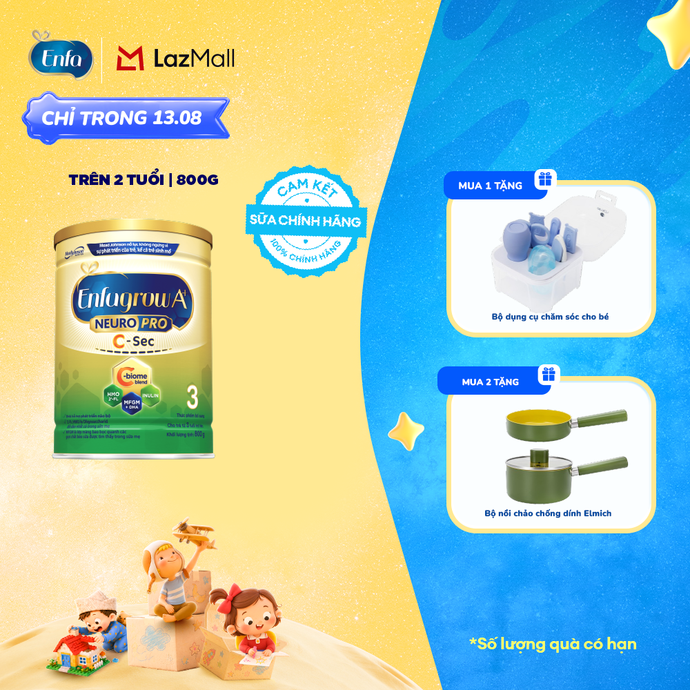[CHỈ TỪ 13/08 MUA LÀ CÓ QUÀ] [Cho cả trẻ sinh mổ] Sữa bột Enfagrow A+ NeuroPro 3 C-Sec 800g cho trẻ trên 3 tuổi