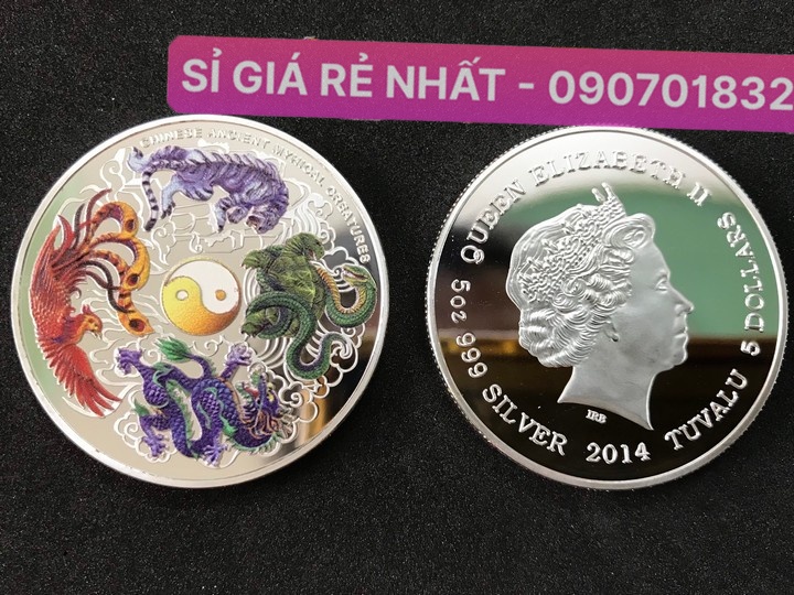 Móc khóa Đồng Xu Tứ Linh: Thanh Long - Bạch Hổ - Chu Tước - Huyền Vũ Đồng Xu May Mắn Tặng Tết kèm Túi Gấm Đỏ