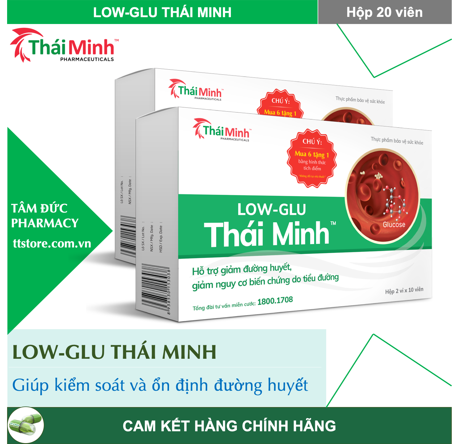 [6 Tặng 1] Low - Glu Thái Minh [Hộp 20 Viên] - Giúp Ổn Định Đường Huyết Ngăn Ngừa Biến Chứng [Bonidiabet / Insuna]