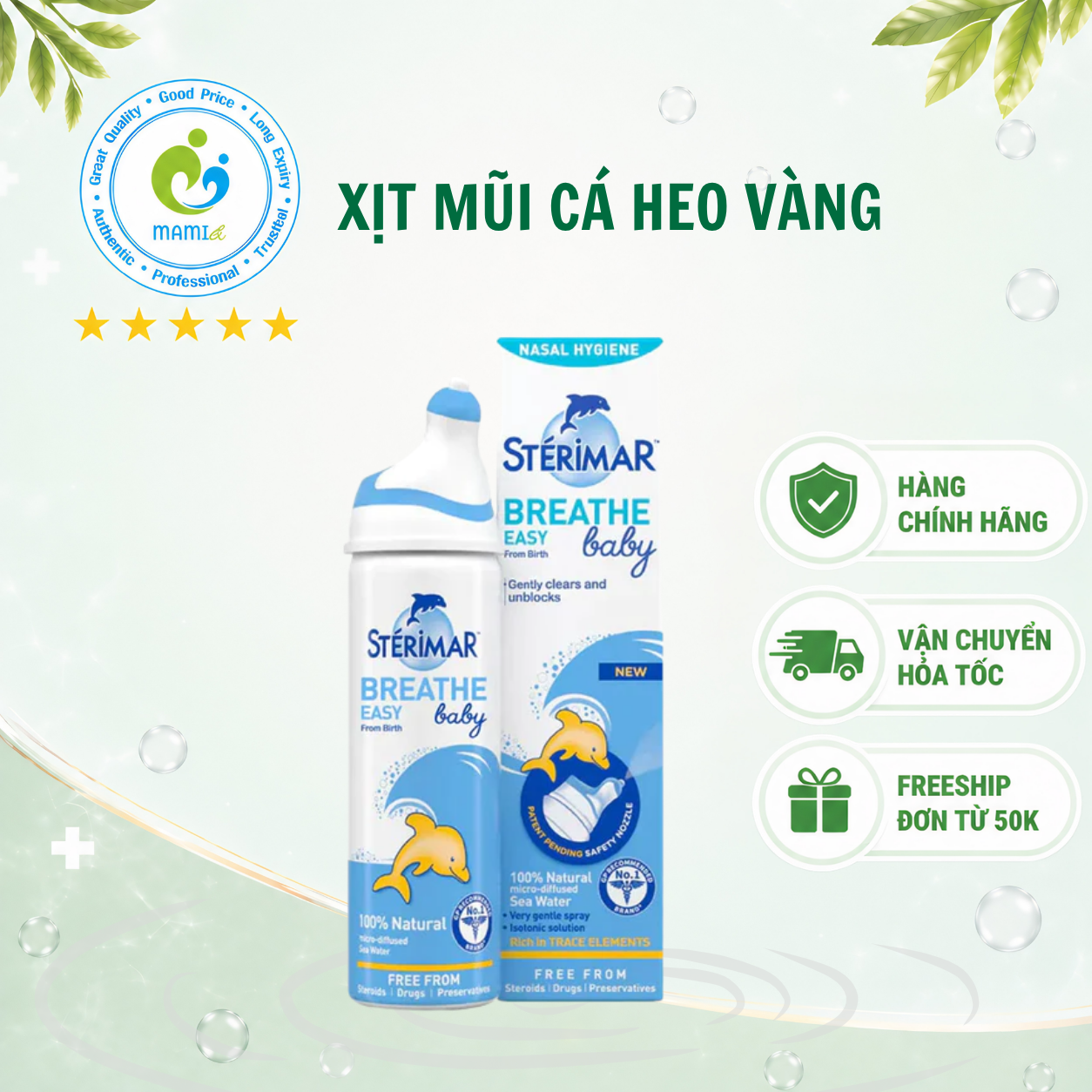 Xịt muối biển Stérimar cá heo vàng hoặc cá heo cam vệ sinh kháng viêm mũi cho bé 0-3 tuổi Pháp (100ml)