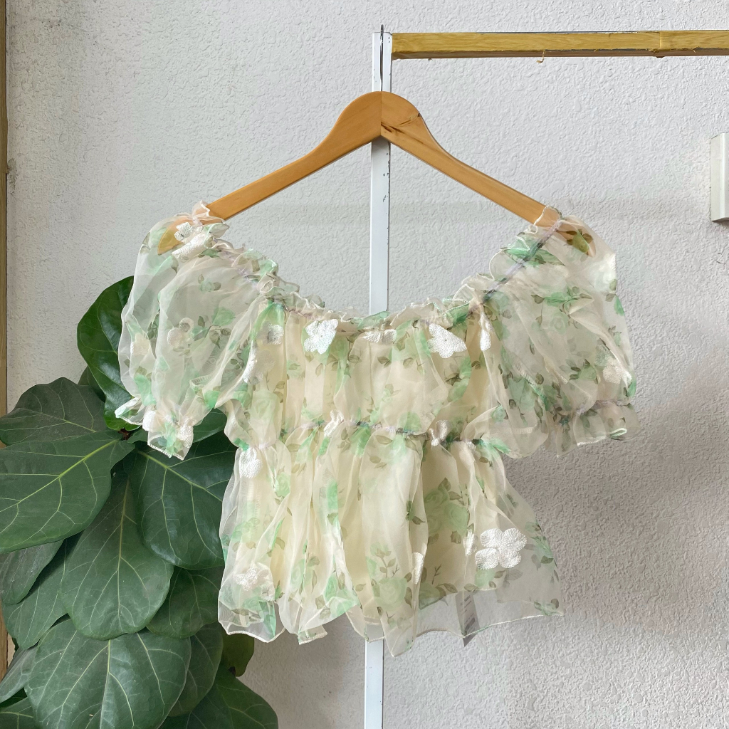 Áo Croptop Bẹt Vai Nữ Tay Ngắn IKAO STATION Áo Kiểu Tiểu Thư Ngắn Tay Phồng Trễ Vai Nhún Eo Bồng Bền