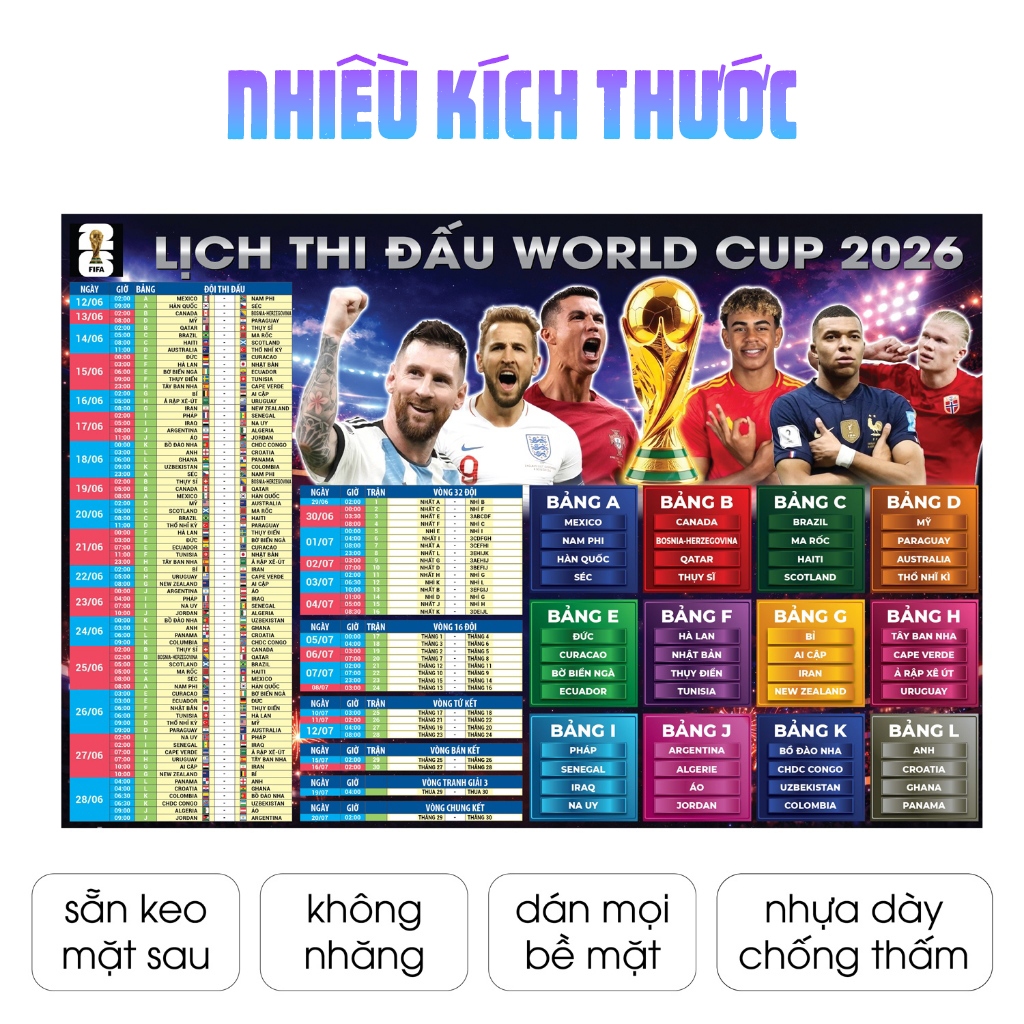 HÀNG CAO CẤP Lịch thi đấu World Cup 2026 tích hợp sẵn keo mặt sau chất liệu nhựa PP cao cấp dày không nhăng