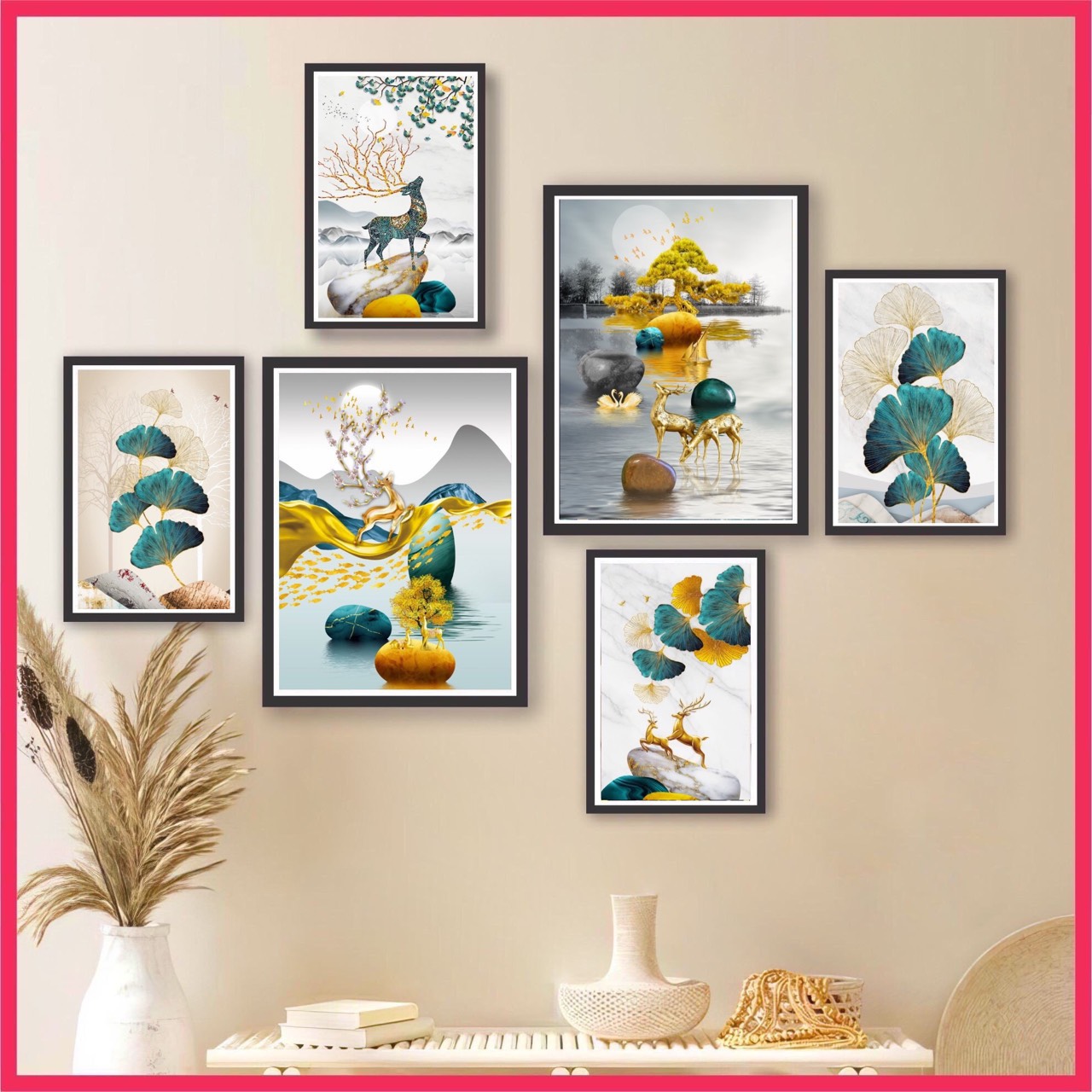 50 mẫu Set 6 tranh dán tường công hươu nai hiện đại decor phòng ngủ phòng khách góc live tranh decor