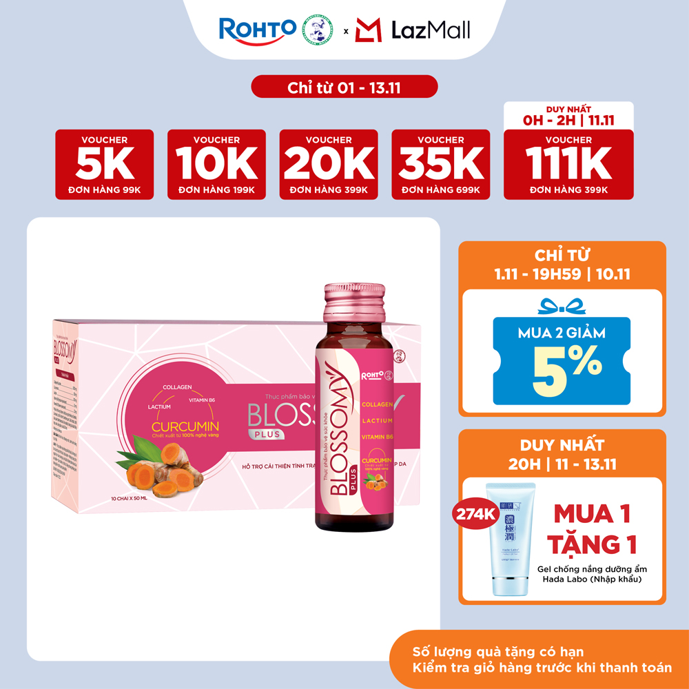 Nước uống collagen giúp sáng da khỏe dạ dày Blossomy Plus lốc 10 chai x 50ml