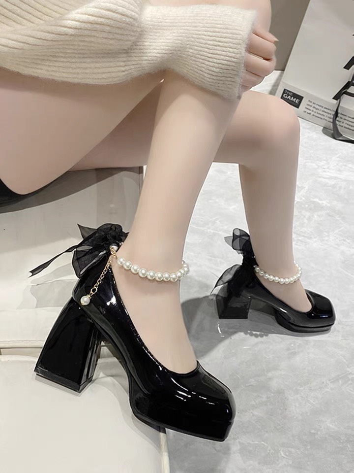 [Hoàn Tiền 15%]Giày cao gót Mary jane chất da bóng đế vuông 10p giày cao gót lolita đế đúp 10p siêu 