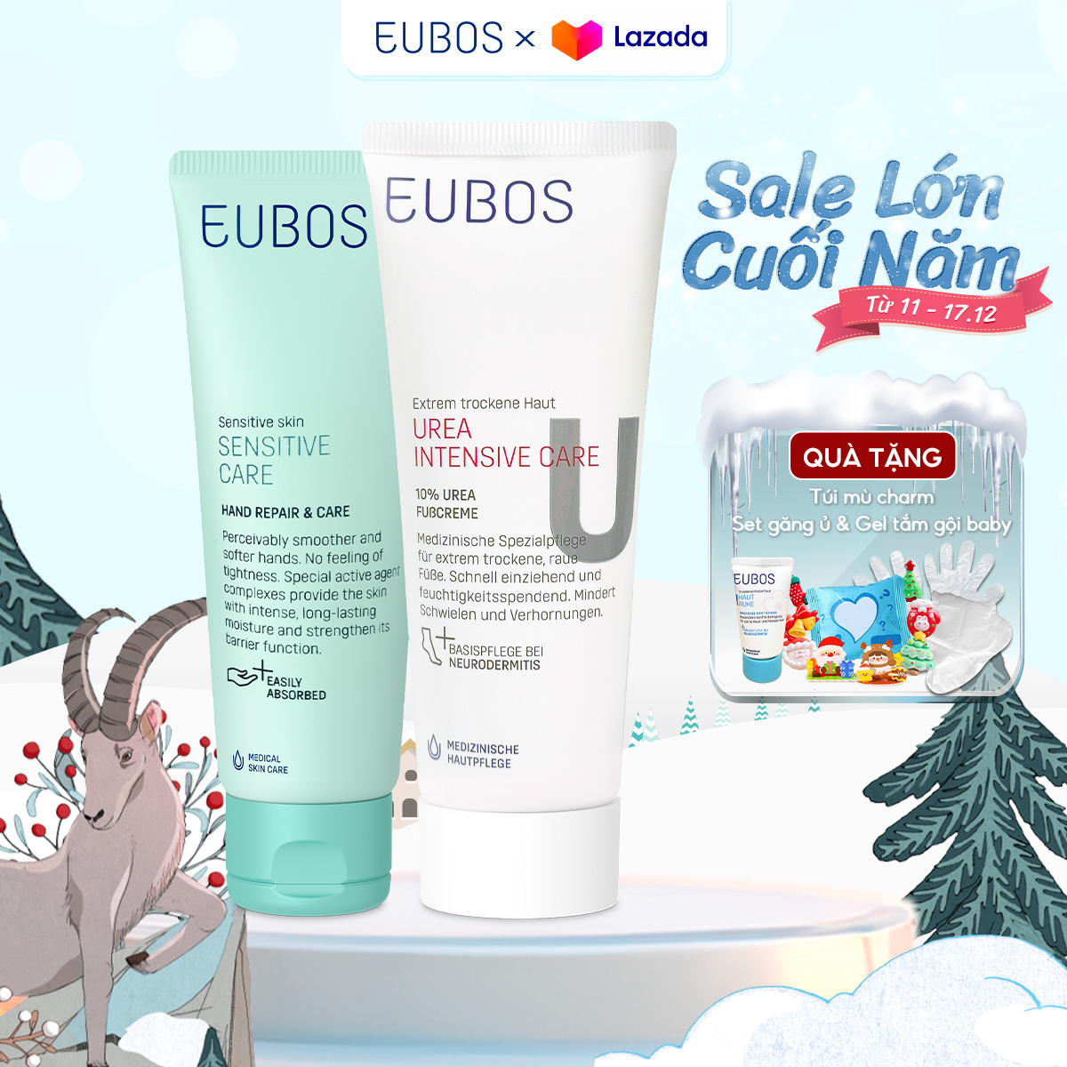 Combo Kem Dưỡng Tay EUBOS 75ml Và Kem Dưỡng Gót Chân UREA 100ml Dưỡng Ẩm Phục Hồi Da Khô Da Nhạy Cảm