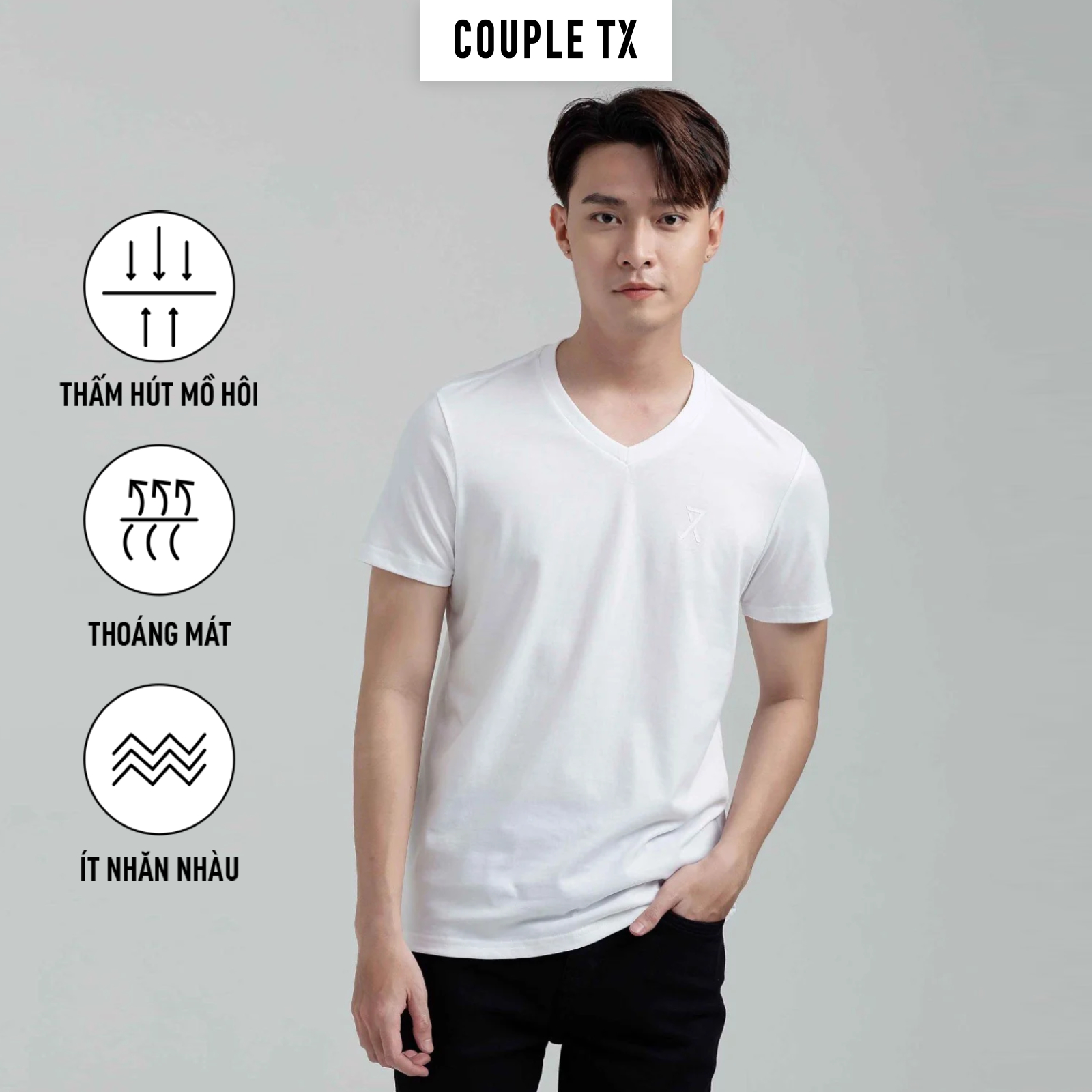 Áo Thun Nam Couple TX - Áo Thun Trơn Cổ Tim Basic Vải Đốm In Logo X