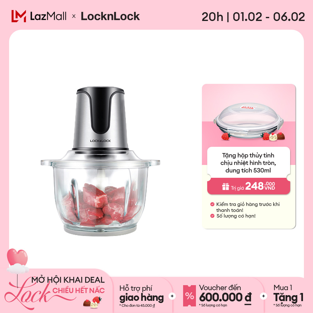 EJM171 - Máy xay thịt đa năng Lock&Lock 2L 300W - Cối thủy tinh Lưỡi dao kép thép không gỉ 2 cấp độ 