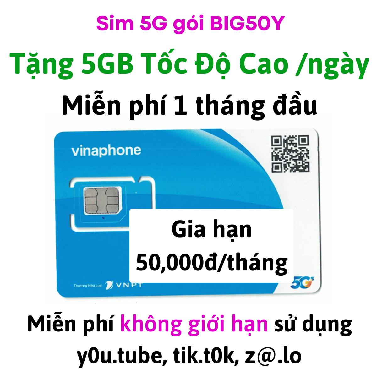 ( SIÊU PHẨM ) Sim 4G 5G Vina Gói BIG50Y - Có 5GB/ngày + Miễn Phí data truy cập Tikt0k  Z@lo  Y0utube