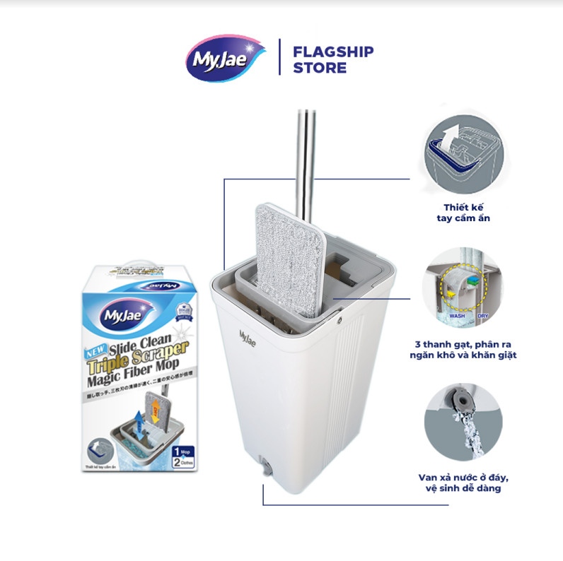 Cây lau nhà tự vắt kèm thùng 2 ngăn xoay 360 độ thông minh lau sạch nhanh khô MyJae Đài Loan
