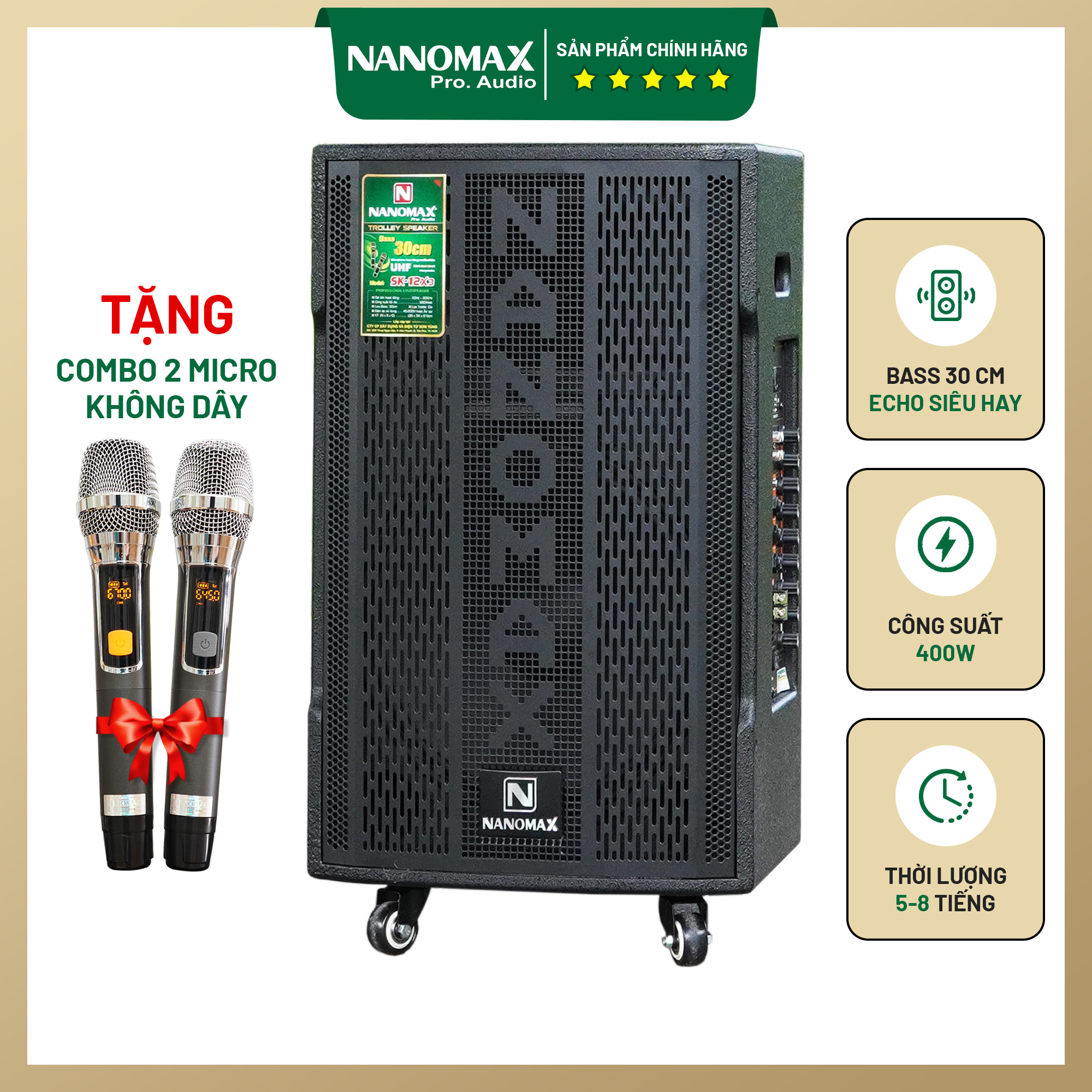 Nanomax SK-12X3 Lưới Đen Loa Kẹo Kéo Karaoke Bluetooth Bass 30cm Công Suất 380w Chống Hú Tốt