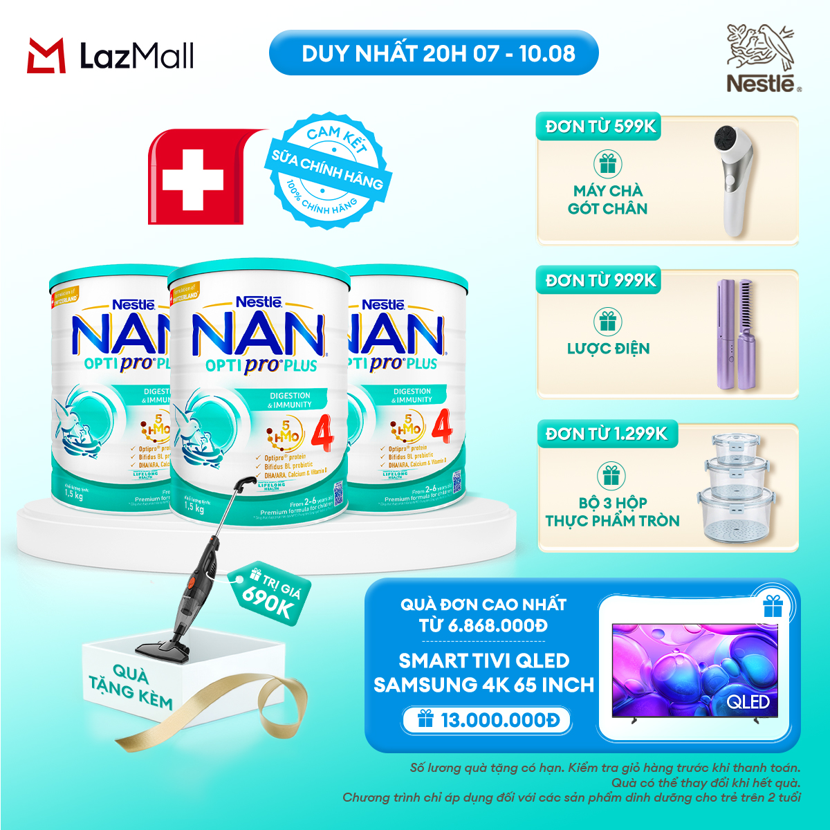 [CHỈ 20H 07-10.08 QT ĐƠN 599K/999K/1299K] [Tặng Máy hút bụi cầm tay Gaabor] Bộ 3 lon Sữa Bột Nestlé NAN OPTIPRO PLUS 4 1500g Cho Bé 2 - 6 Tuổi: Công Thức Độc Quyền Nhập Khẩu Từ Thụy Sỹ Chứa Phức Hợp 5-HMO